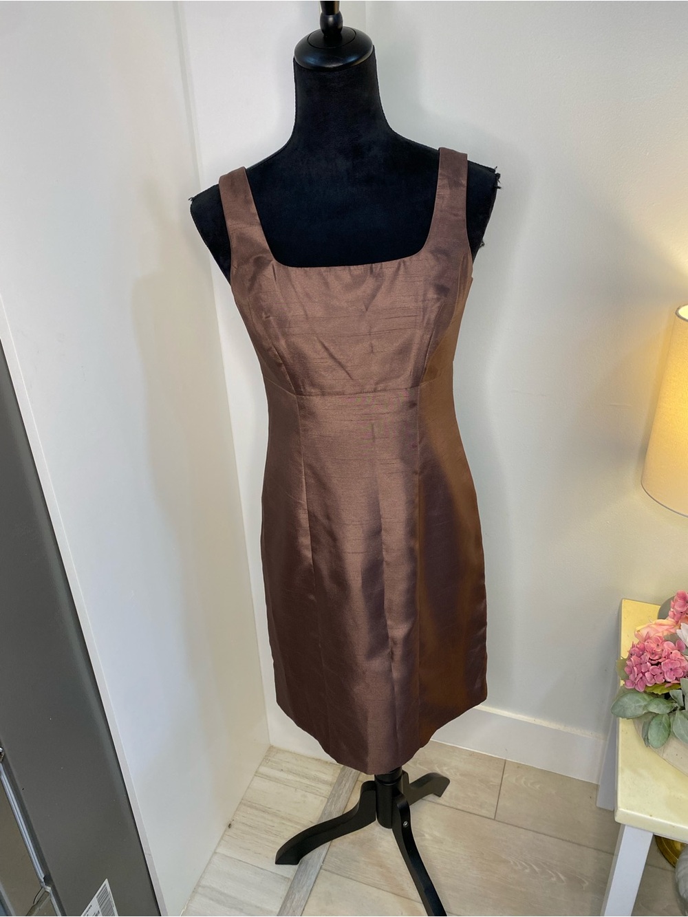 Jessica Howard Brown Satin Midi Dress - Square Neck